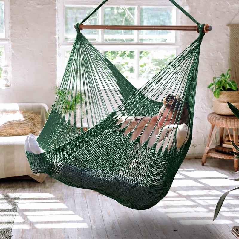 Bathonly Upgraded Caribbean Hammock Chair with Detachable Metal Bar, Large Hammock Swing Chair, XL Rope Hanging Chair for Outdoor Indoor, 330 LBS Weight Capacity, ForestGreen - Image 1